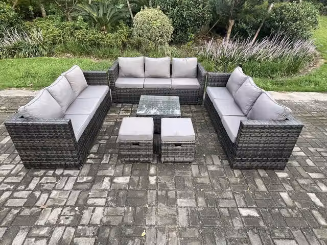 Fimous 11 Seater Outdoor Rattan Garden Furniture Set in Dark Grey with U-Shape Sofa, Coffee Table and Ottomans