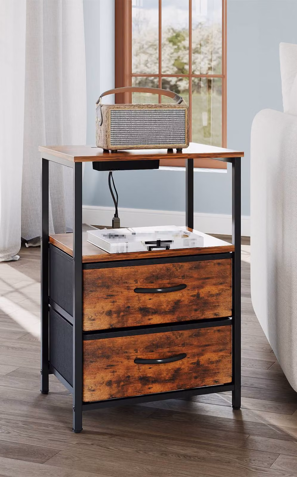 Living and Home Brown Industrial Bedside Table with Integrated LED Lighting – 2