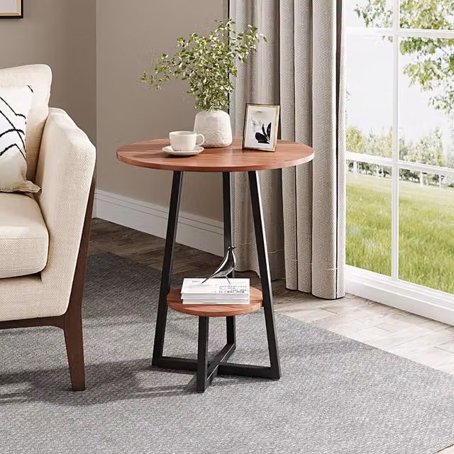 Komore 2-Tier Round Wooden Side Table in Walnut and Black
