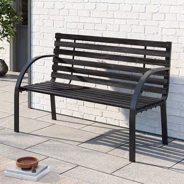 Breeins Modern Matt Black Metal and Wood Outdoor Garden Recliner Bench