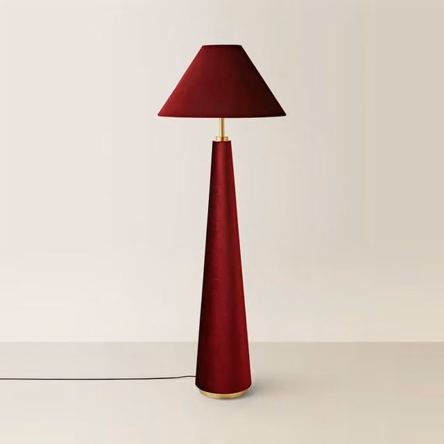 ValueLights Martha Conical Velvet Midi Floor Lamp in Red and Gold/Brass