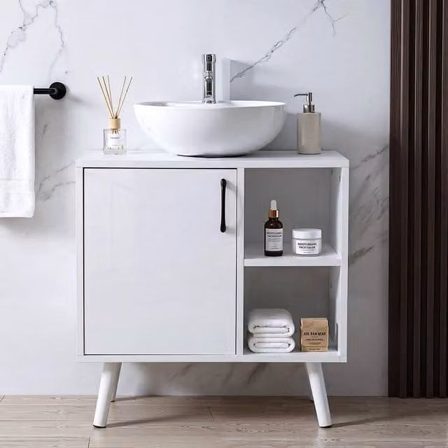 KORVIXA White Modern Bathroom Under Sink Cabinet with Hinged Doors and Internal Shelves, W: 60 cm, H: 75 cm