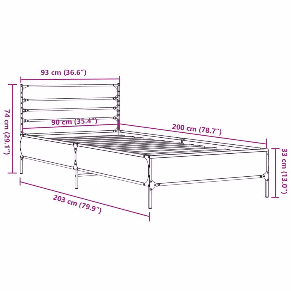 Berkfield Home Durable Bed Frame in Brown Oak, W/D/H: 90 x 200 x 74 cm – 4
