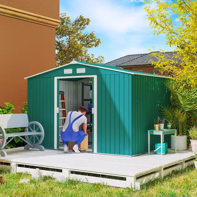 OUTSUNNY Green Galvanised Steel Garden Shed Storage Unit with Sliding Locking Doors and Side Vent, H 192 cm x W 183 cm x D 192 cm