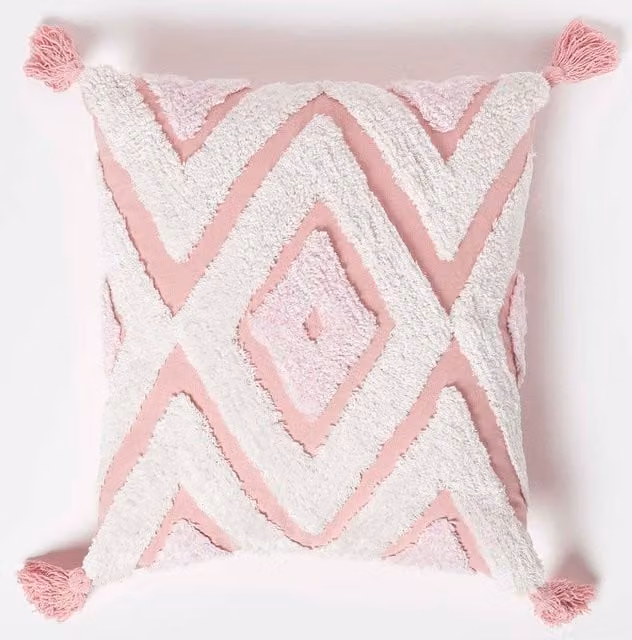 Homescapes Pink and White Geometric Tufted Cotton Cushion with Tassels, W/D/H: 45 x 45 x 45 cm