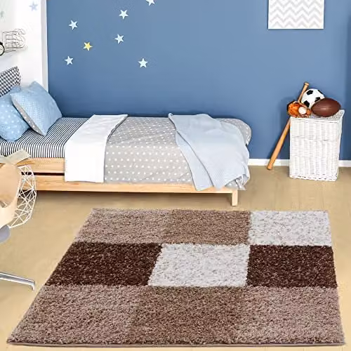 THE RUGS Modern Brown Checked Square Shaggy Area Rug, W/D: 120 x 120 cm