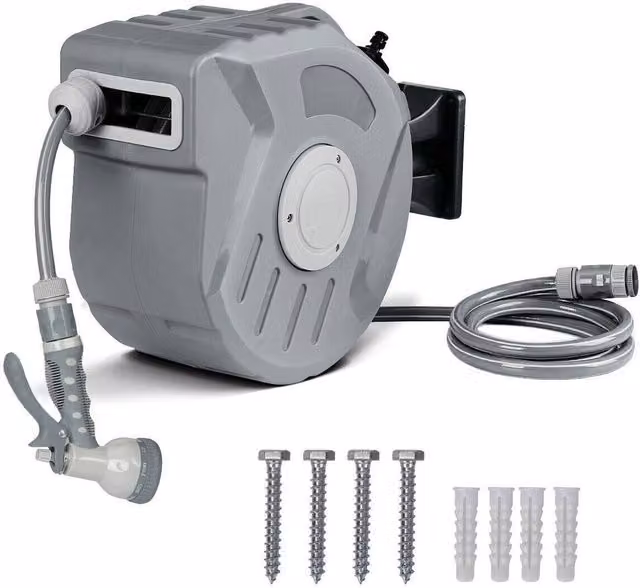 Dprodo Retractable Automatic Garden Hose Reel with Wall Bracket, 20m, Grey