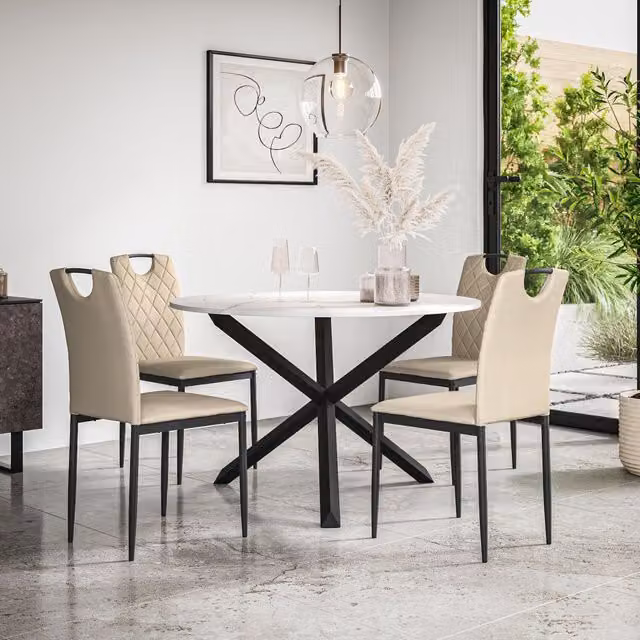 More4Homes Malvern Round Dining Table and 4 Monza Faux Leather Chairs Set, Marble Top with Black Oak Legs and Beige Chairs, Diameter: 120 cm, Height: 75 cm