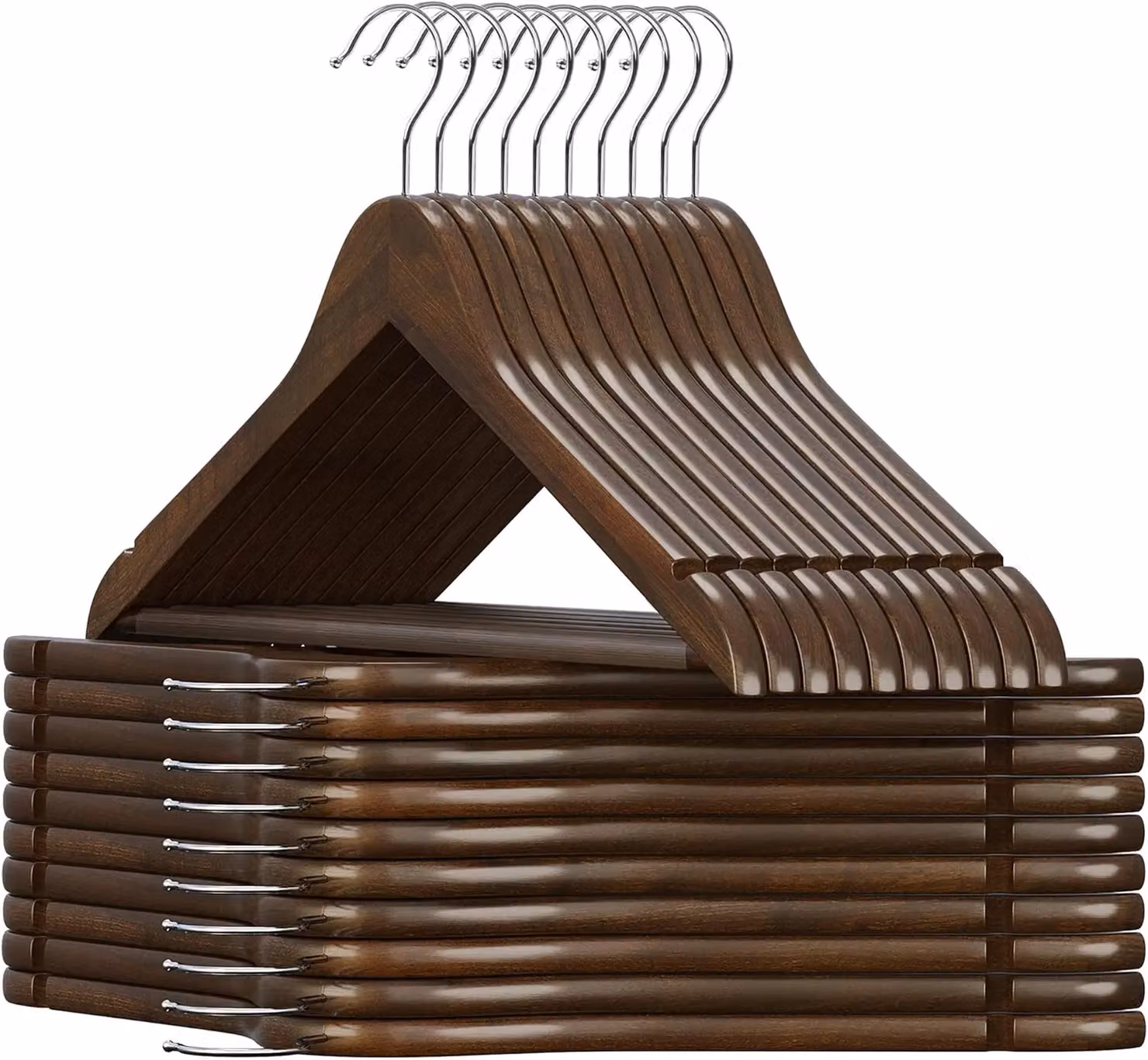 SONGMICS Set of 20 Wooden Hangers with Shoulder Notches, Bar and Swivel Hook in Brown – 4