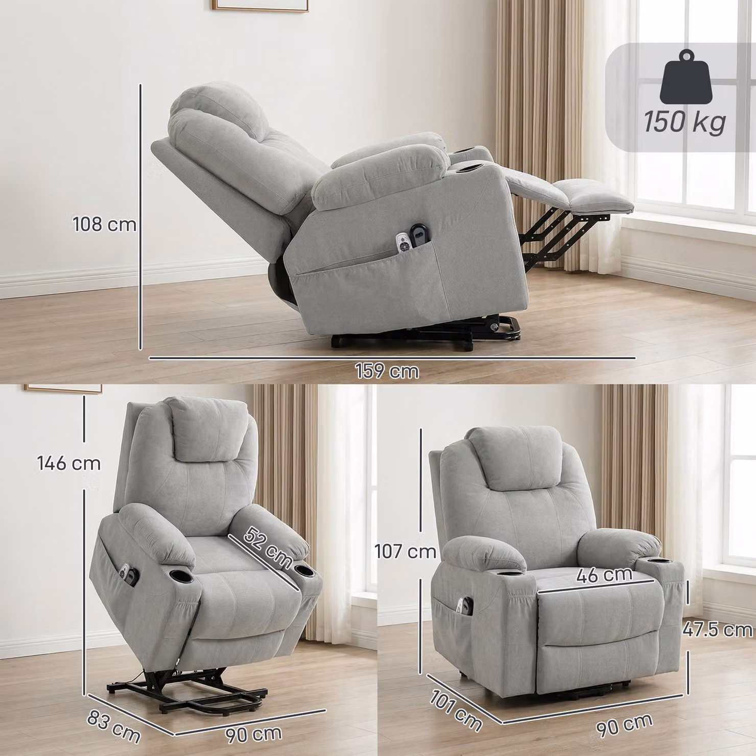 HOMCOM Power Lift Recliner Chair with Pocket Spring and Wide Backrest in Light Grey – 3