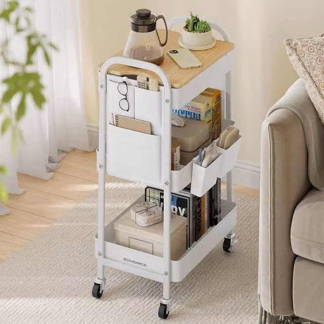 The Bazaarist 3 Tier Rolling Utility Cart with Tabletop, White