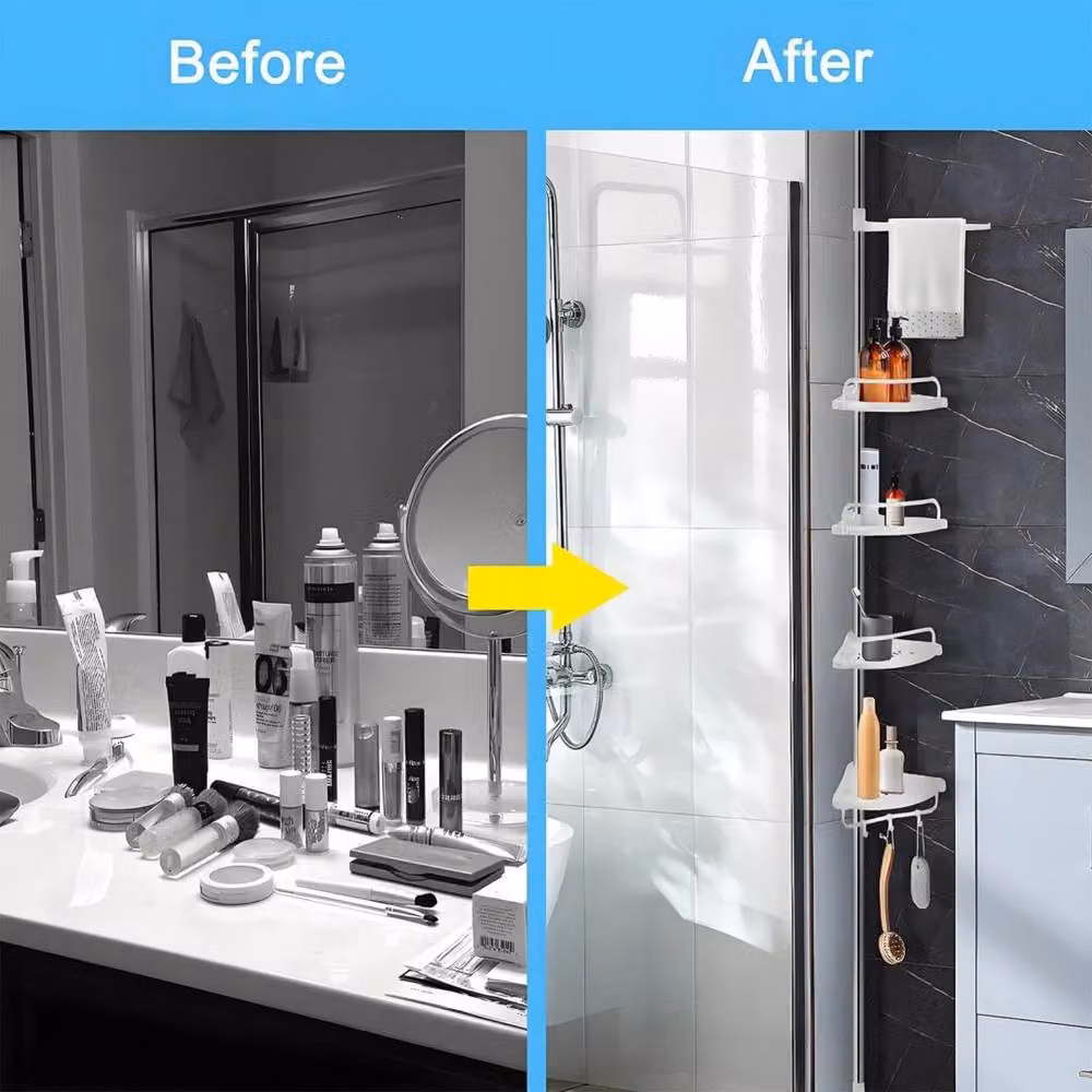 Kelvenix 4 Tier Telescopic White Wall Mounted Corner Bathroom Shower Shelf Rack with Adjustable Shelves – 3