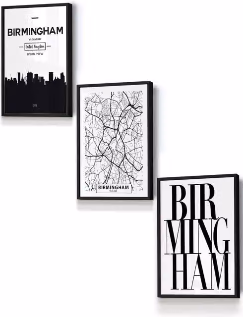 ARTZE Birmingham Skyline Street Map Framed Wall Art, Black and White, W: 33 cm, H: 45 cm, D: 0.2 cm