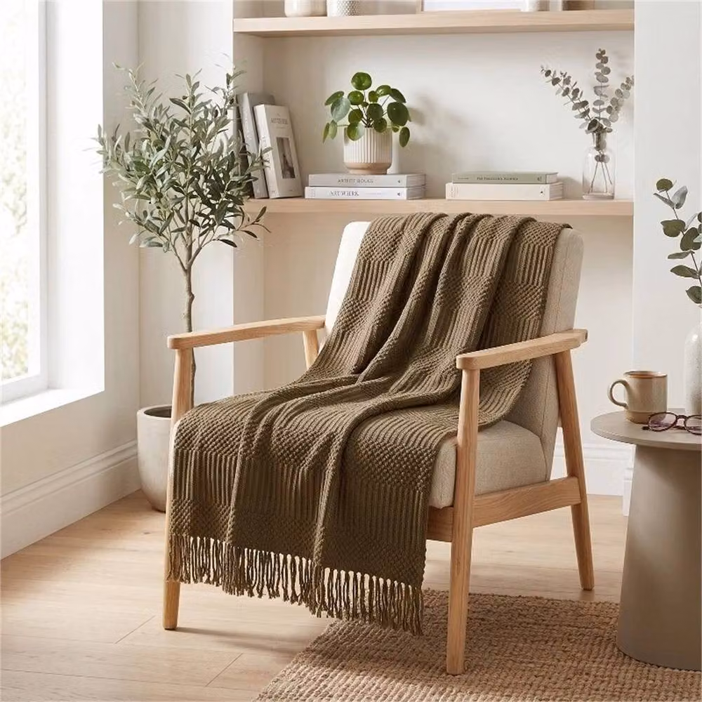 PAWNORA Khaki Solid Knitted Throw Blanket, W: 130 cm, D: 150 cm – 4