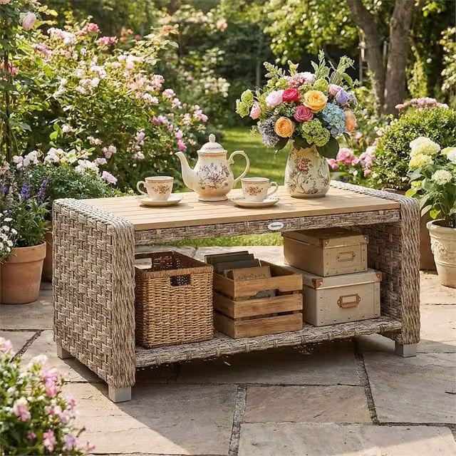 EONLION Brown Rattan Outdoor Side Table with Storage Shelf, Width: 100 cm
