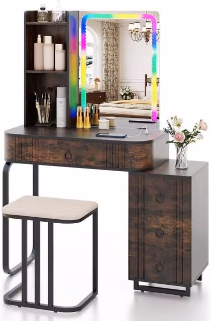 COSTWAY Hollywood LED Vanity Set in Brown with Matt Finish