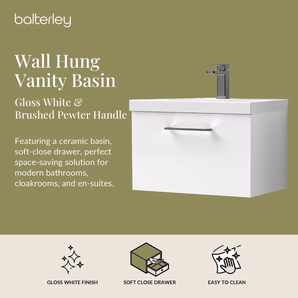 Balterley Gloss White Wall Mounted Single Drawer Bathroom Vanity Unit with Basin, W/D/H: 60.0 x 39.0 x 39.9 cm – 2