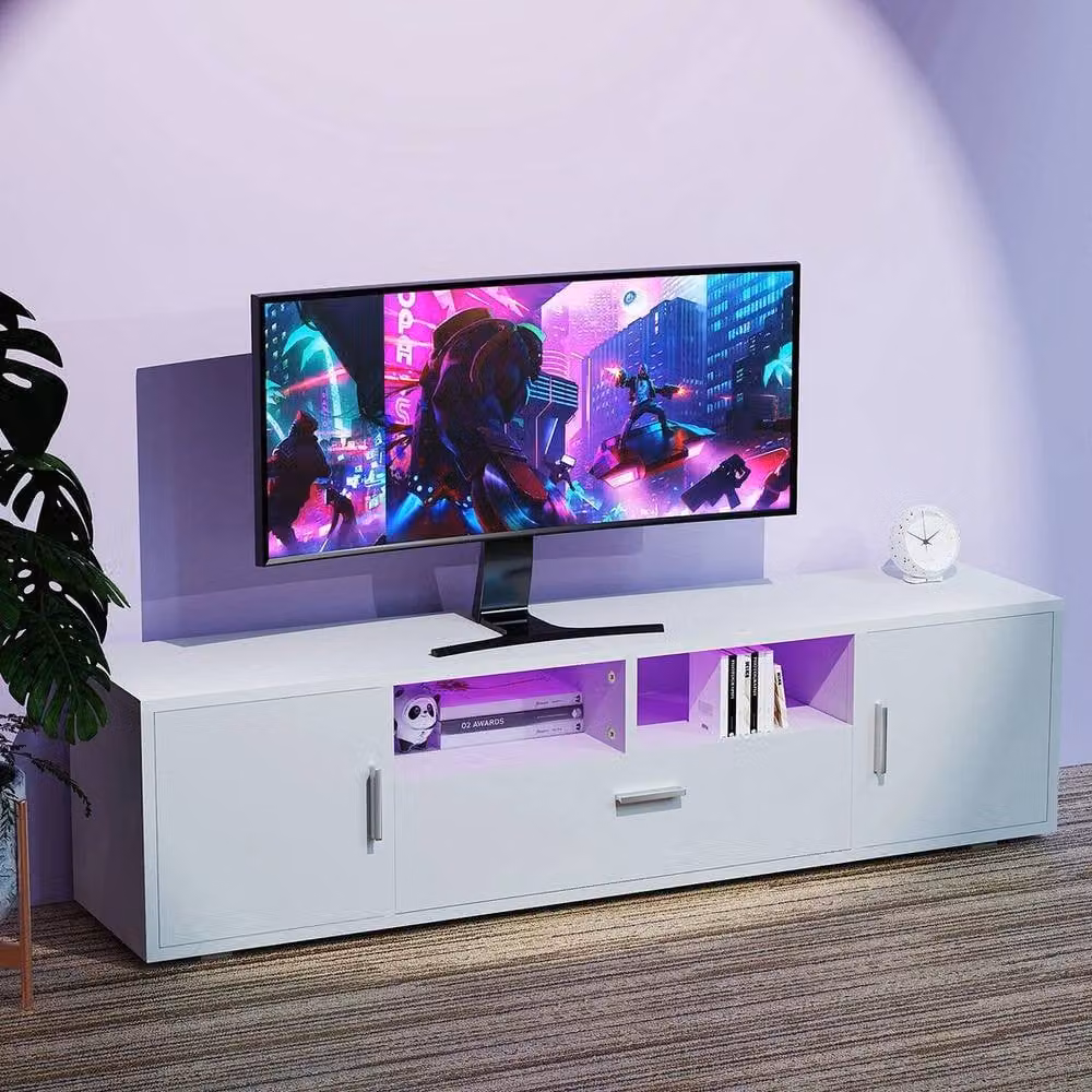 KORVIXA Modern White High Gloss TV Stand Sideboard Cabinet with Integrated LED Lighting W/D/H: 160 x 40 x 35 cm – 3