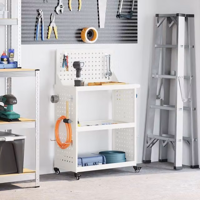 Berkfield Metal Tool Trolley with Shelf and Wheels in White, W/D/H: 65 x 35 x 111 cm – 1