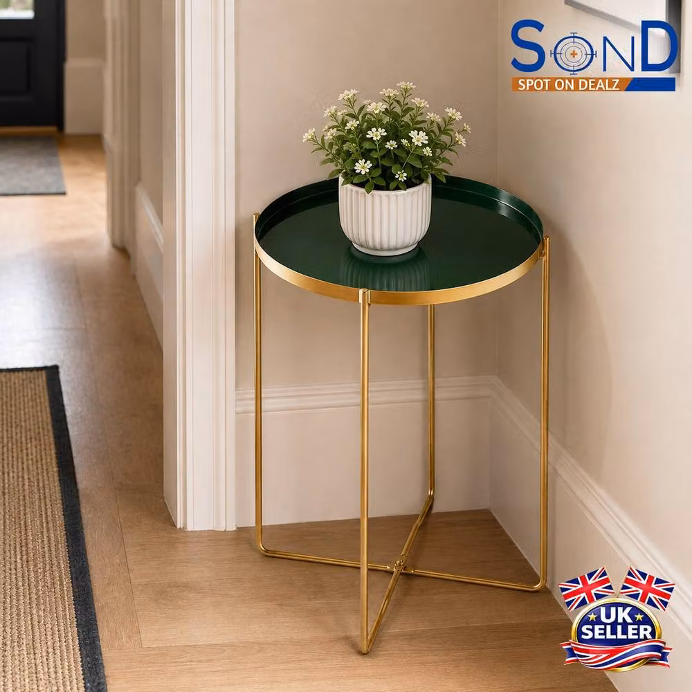 Spot On Dealz Round Side Table with Removable Tray in Dark Green and Gold – 2