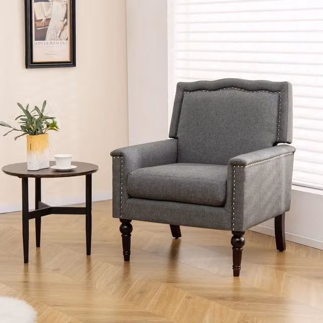 Costway Grey Fabric Upholstered Accent Chair with Armrests and Rubberwood Frame