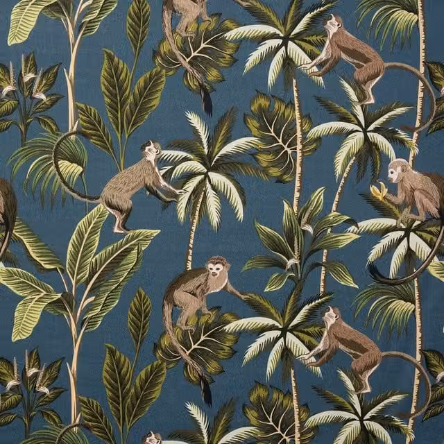 Terrys Monkey Floral Cotton Fabric in Petrol Blue and Teal