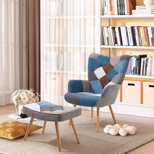 Livingandhome Multicoloured Geometric Upholstered Wingback Armchair with Ottoman and Armrests