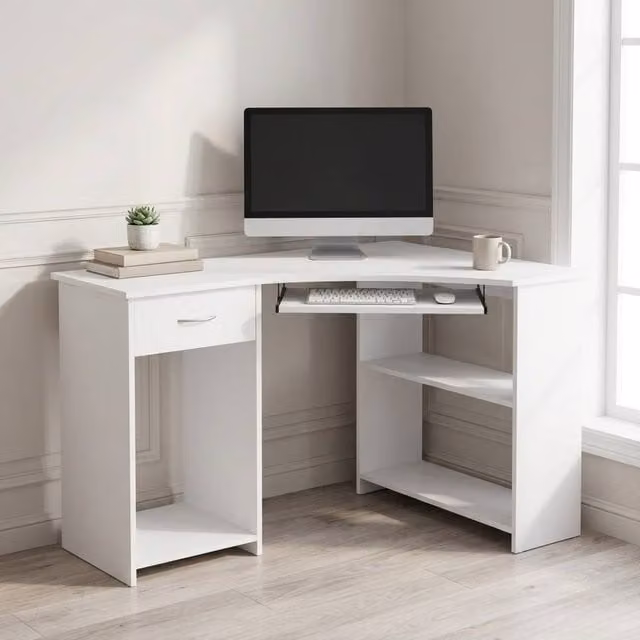 STILVORA Modern L-Shaped Corner Desk with Shelves and Drawer in White – 1