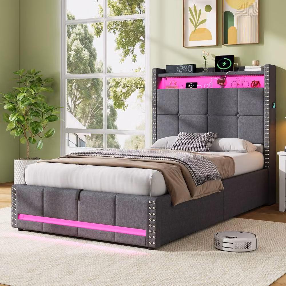 Rolipo Single Upholstered Ottoman Bed in Grey with LED Lighting, USB Charging Port and Under-Bed Storage, W/D/H: 140 x 200 cm – 2