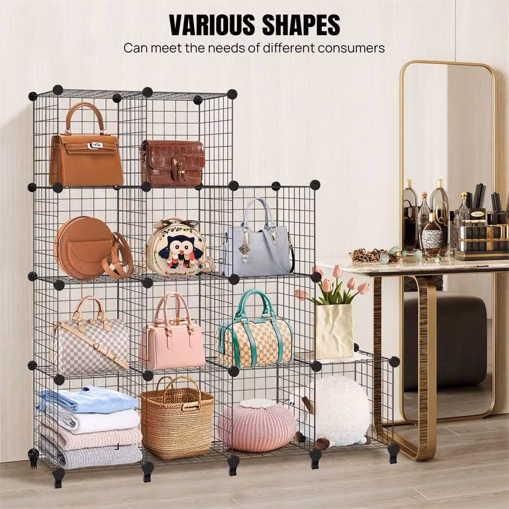VOGREX 12 Cube DIY Metal Wire Grid Storage Shelf and Display Cabinet Organiser in Black – 2
