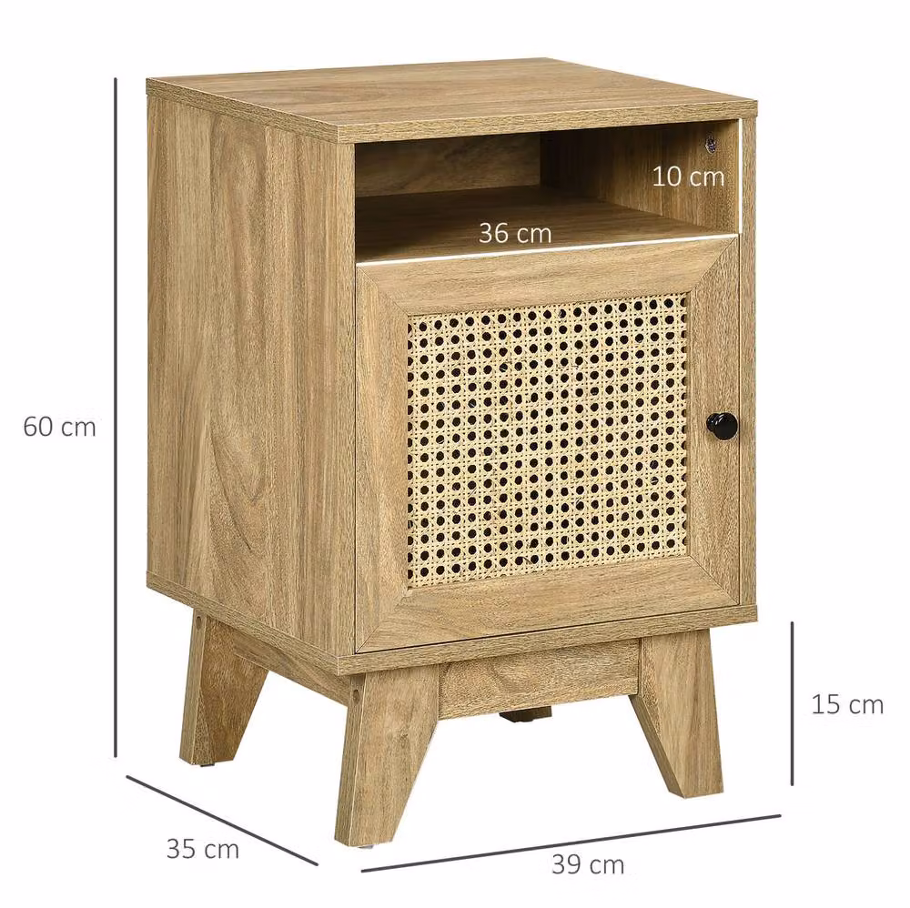 STILVORA Bedside Table with Cupboard and Shelf in Natural Wood and Rattan – 2