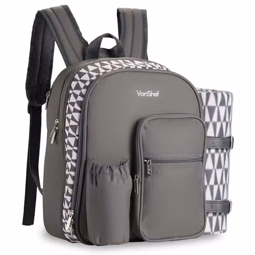VonShef Grey 2 Person Picnic Backpack with Full Dining Set, Insulated Cooler Compartment and Waterproof Picnic Blanket