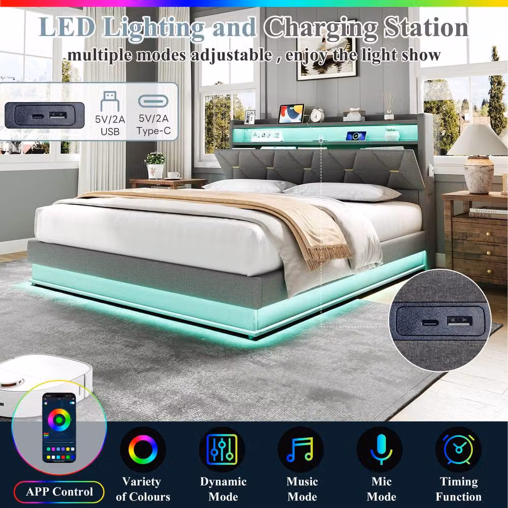 Rolipo Double Upholstered Bed Frame in Grey with Hydraulic Storage, LED Lighting and USB Charging Port – 7