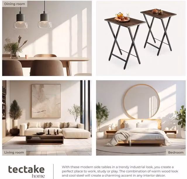 Tectake Phoenix Set of 2 Industrial Style Foldable Bedside Tables in Dark Oak Wood Brown