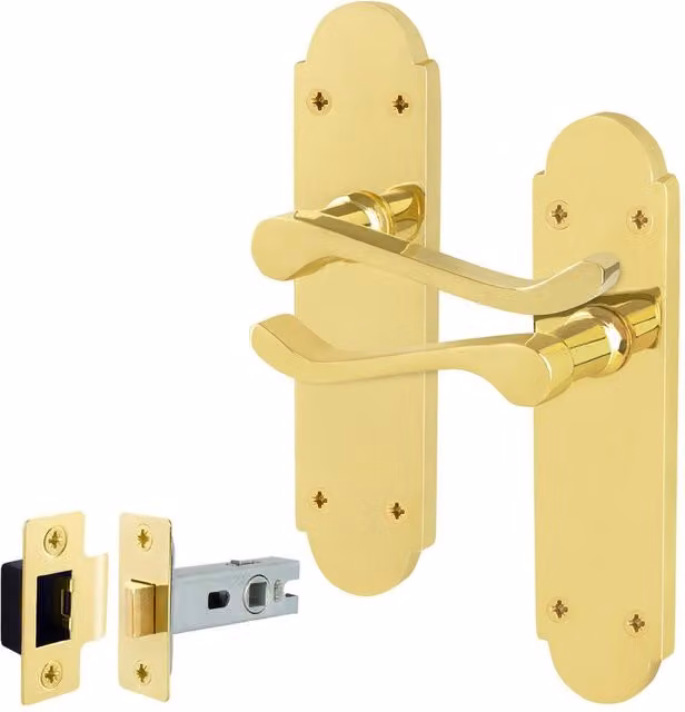 AFIT Polished Brass Door Handles with Latch, 1 Pair in Gold, W/D/H: 15 x 15 x 1.5 cm