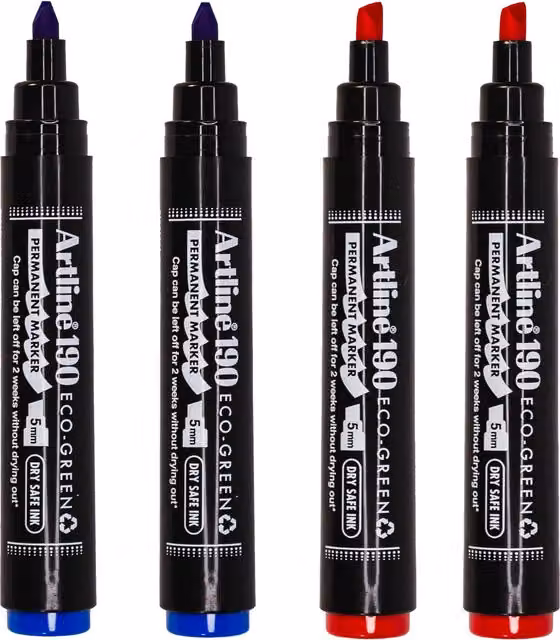 Artline Eco-Green Permanent Markers with Chisel Nib, Pack of 4, Blue and Red