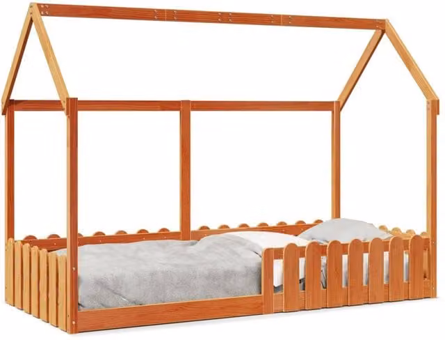 Berkfield Home Kids House Bed Frame in Waxed Brown Solid Pine, W/D/H: 90 x 200 cm