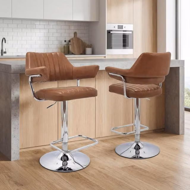 Shankar Pair of Brown Synthetic Leather Effect Swivel Bar Stools with Metal Frame