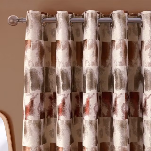 Divante Maddox Geo Jacquard Blackout Fabric Curtain with Eyelets, Multicolour and Brown, Height: 183 cm
