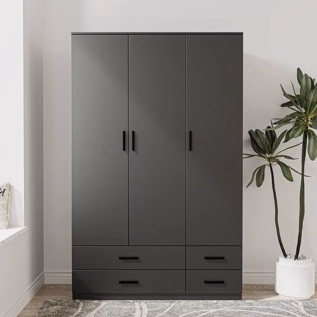 FORGEVIO Modern Black 3 Door 4 Drawer Wardrobe Storage Unit