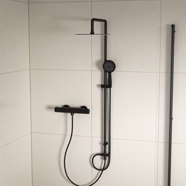 Nes Home Round Shower Kit with Thermostatic Valve and Single Outlet in Matte Black, H 150 cm x W 20 cm