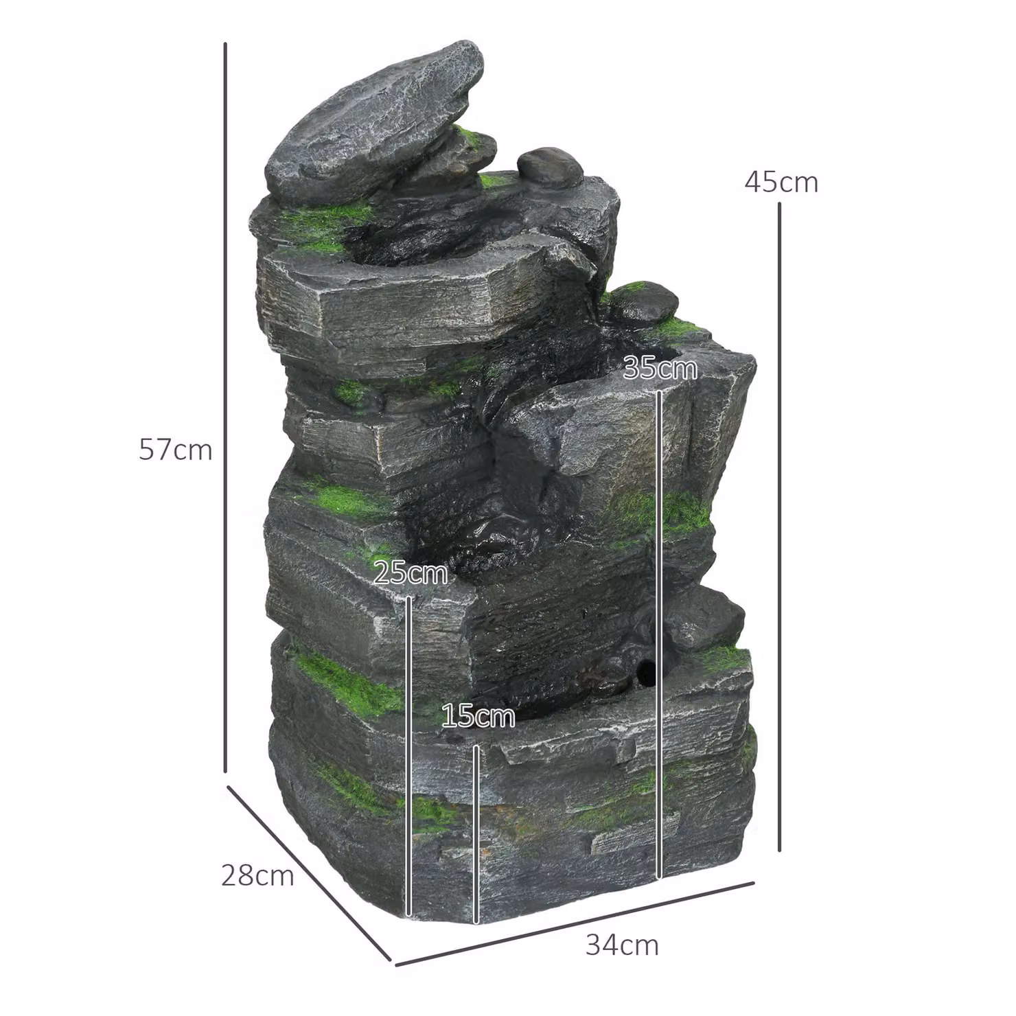 Outsunny Solar-Powered Garden Water Fountain with LED Lights, Stone Rock Tower Cascade in Dark Grey – 3