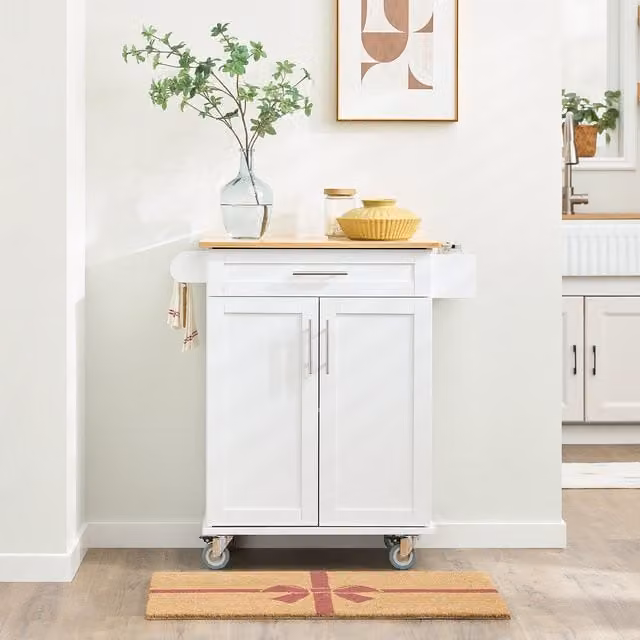 SoBuy Modern Kitchen Trolley with Drawer and Wheels in White and Silver