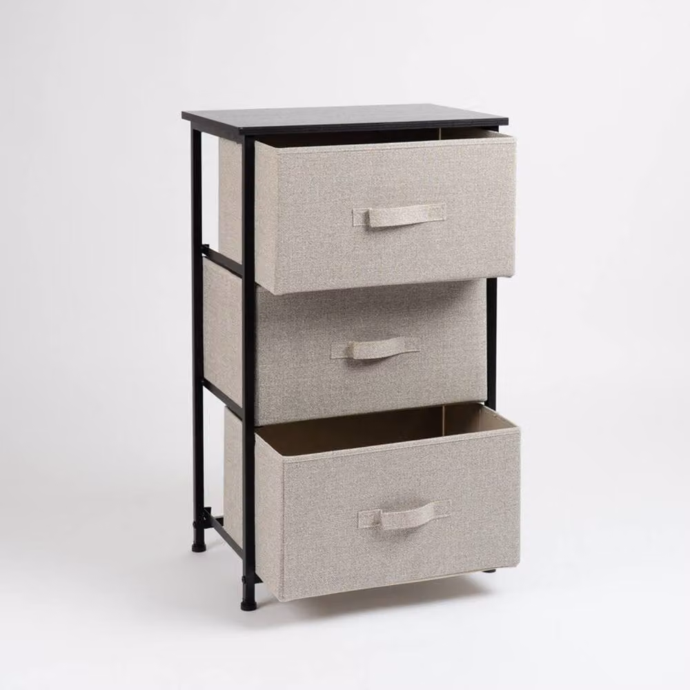 Scottish Everlastings Ltd 3 Drawer Black Cabinet with Beige Fabric Drawers, W/D/H: 73 x 30 x 45 cm – 3