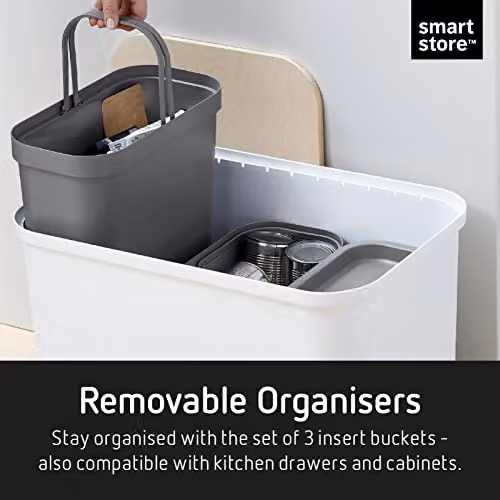 SmartStore 76L Large Recycling Bin with Wood Lid and Removable Inner Buckets in White or Taupe, W: 38 cm, D: 38 cm, H: 42 cm – 3