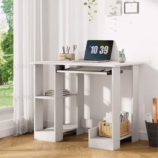 Lifeideas Minimalist White Computer Desk with Keyboard Tray