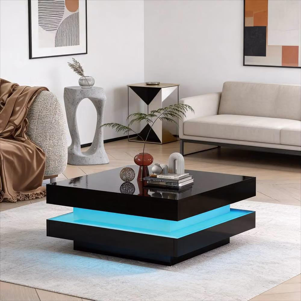 BTM Square LED Coffee Table with 360 Degree Rotating Top in Black, W/D/H: 70 x 70 x 36 cm – 2
