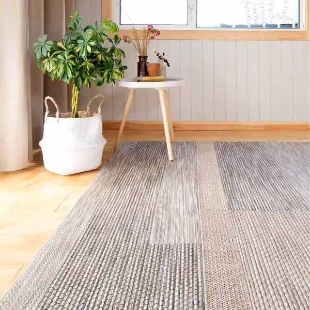 The Rug House Striped Moroccan Flatweave Indoor Outdoor Weatherproof Rug in Beige and Grey, W: 230 cm, D: 160 cm