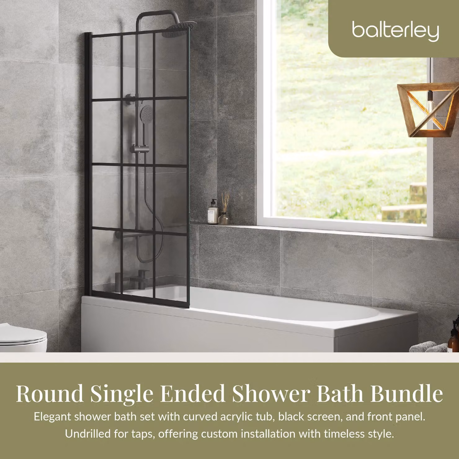 Balterley Round Rectangular Shower Bath Set with White Apron, Black Square Screen and Leg Set, W/D/H: 170 x 75 x 50 cm – 2