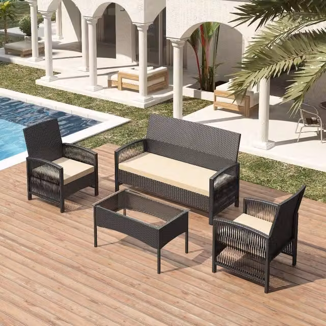 SPETLEK 4-Piece Black Rattan Garden Furniture Sofa Set with Glass Table